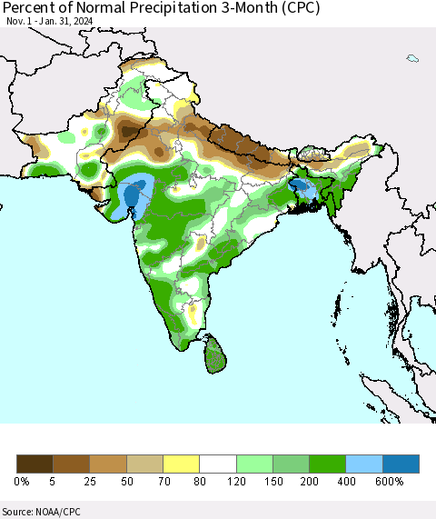 Southern Asia Percent of Normal Precipitation 3-Month (CPC) Thematic Map For 11/1/2023 - 1/31/2024