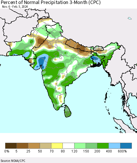 Southern Asia Percent of Normal Precipitation 3-Month (CPC) Thematic Map For 11/6/2023 - 2/5/2024