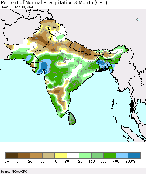 Southern Asia Percent of Normal Precipitation 3-Month (CPC) Thematic Map For 11/11/2023 - 2/10/2024