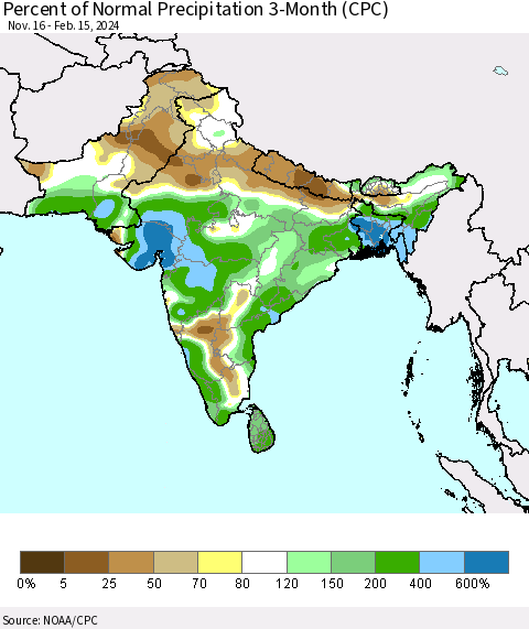 Southern Asia Percent of Normal Precipitation 3-Month (CPC) Thematic Map For 11/16/2023 - 2/15/2024