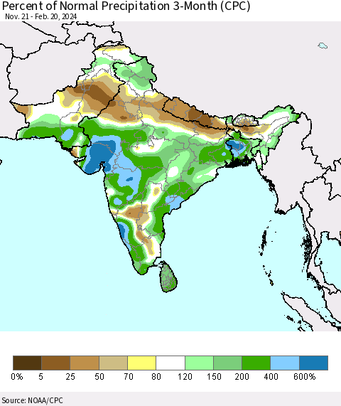 Southern Asia Percent of Normal Precipitation 3-Month (CPC) Thematic Map For 11/21/2023 - 2/20/2024