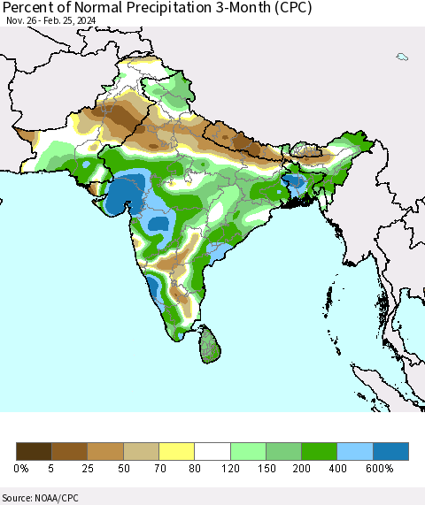 Southern Asia Percent of Normal Precipitation 3-Month (CPC) Thematic Map For 11/26/2023 - 2/25/2024