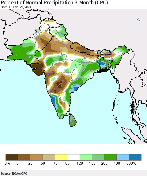 Southern Asia Percent of Normal Precipitation 3-Month (CPC) Thematic Map For 12/1/2023 - 2/29/2024