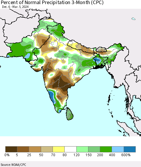 Southern Asia Percent of Normal Precipitation 3-Month (CPC) Thematic Map For 12/6/2023 - 3/5/2024