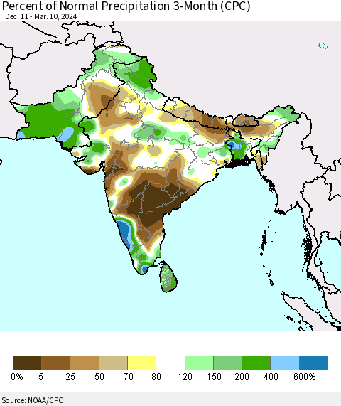 Southern Asia Percent of Normal Precipitation 3-Month (CPC) Thematic Map For 12/11/2023 - 3/10/2024