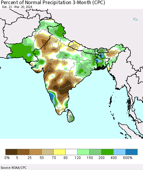 Southern Asia Percent of Normal Precipitation 3-Month (CPC) Thematic Map For 12/21/2023 - 3/20/2024