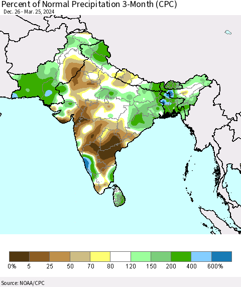 Southern Asia Percent of Normal Precipitation 3-Month (CPC) Thematic Map For 12/26/2023 - 3/25/2024