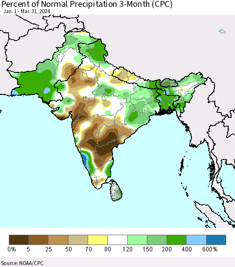 Southern Asia Percent of Normal Precipitation 3-Month (CPC) Thematic Map For 1/1/2024 - 3/31/2024