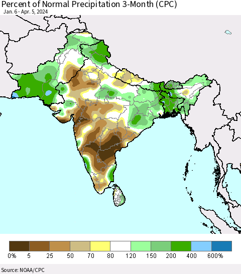 Southern Asia Percent of Normal Precipitation 3-Month (CPC) Thematic Map For 1/6/2024 - 4/5/2024
