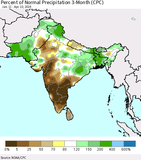Southern Asia Percent of Normal Precipitation 3-Month (CPC) Thematic Map For 1/11/2024 - 4/10/2024
