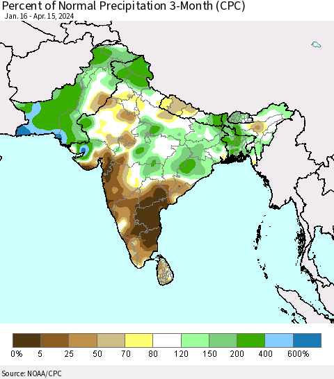 Southern Asia Percent of Normal Precipitation 3-Month (CPC) Thematic Map For 1/16/2024 - 4/15/2024