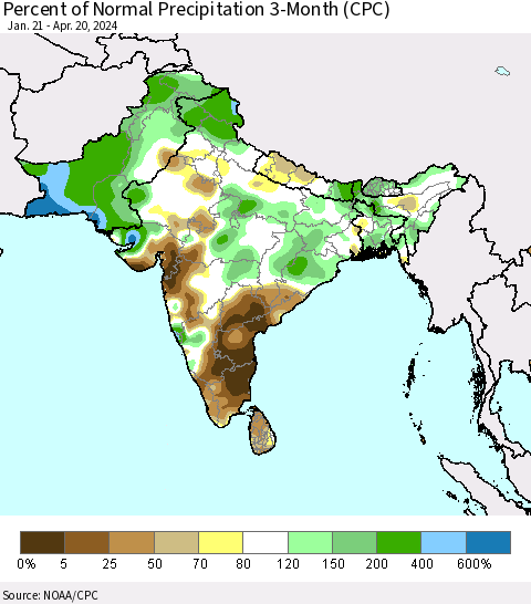 Southern Asia Percent of Normal Precipitation 3-Month (CPC) Thematic Map For 1/21/2024 - 4/20/2024