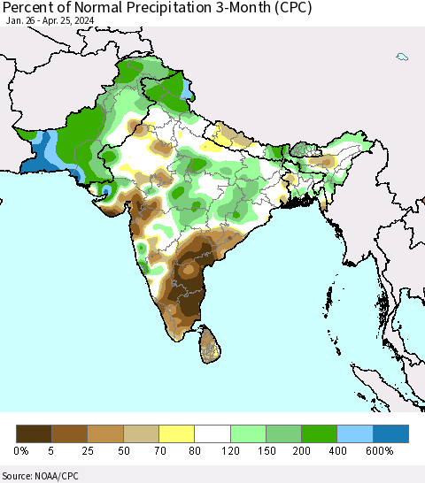 Southern Asia Percent of Normal Precipitation 3-Month (CPC) Thematic Map For 1/26/2024 - 4/25/2024