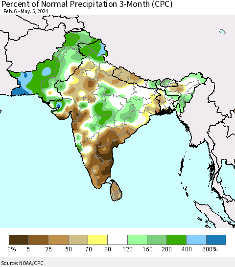 Southern Asia Percent of Normal Precipitation 3-Month (CPC) Thematic Map For 2/6/2024 - 5/5/2024