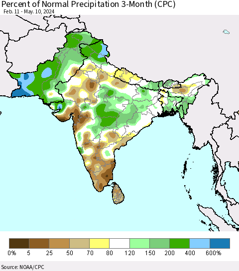 Southern Asia Percent of Normal Precipitation 3-Month (CPC) Thematic Map For 2/11/2024 - 5/10/2024