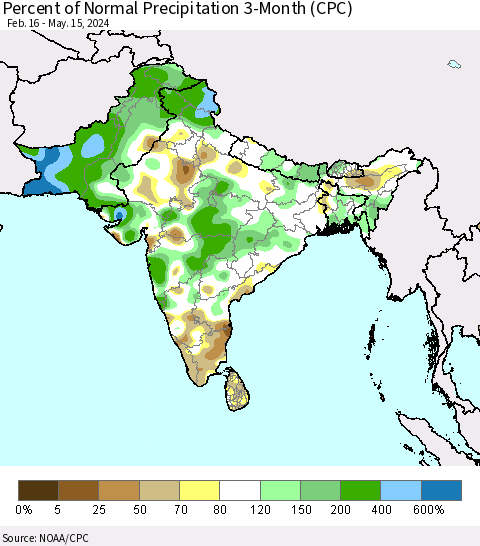 Southern Asia Percent of Normal Precipitation 3-Month (CPC) Thematic Map For 2/16/2024 - 5/15/2024