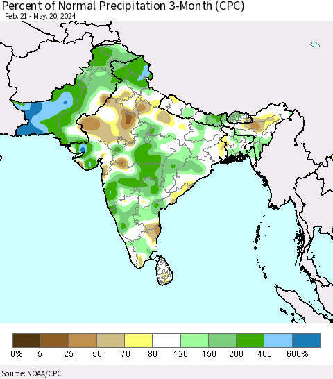 Southern Asia Percent of Normal Precipitation 3-Month (CPC) Thematic Map For 2/21/2024 - 5/20/2024