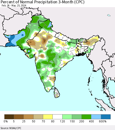 Southern Asia Percent of Normal Precipitation 3-Month (CPC) Thematic Map For 2/26/2024 - 5/25/2024