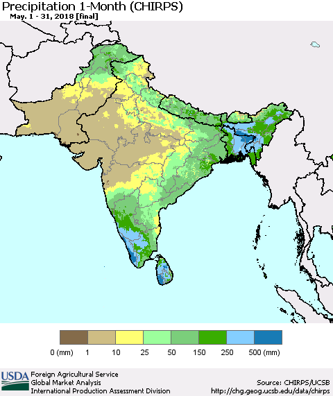 Southern Asia Precipitation 1-Month (CHIRPS) Thematic Map For 5/1/2018 - 5/31/2018