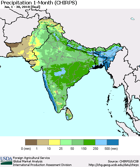 Southern Asia Precipitation 1-Month (CHIRPS) Thematic Map For 6/1/2018 - 6/30/2018
