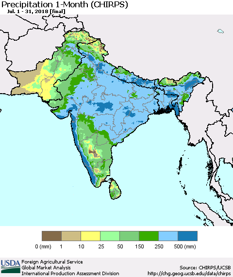 Southern Asia Precipitation 1-Month (CHIRPS) Thematic Map For 7/1/2018 - 7/31/2018