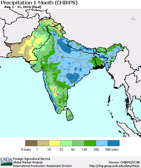 Southern Asia Precipitation 1-Month (CHIRPS) Thematic Map For 8/1/2018 - 8/31/2018