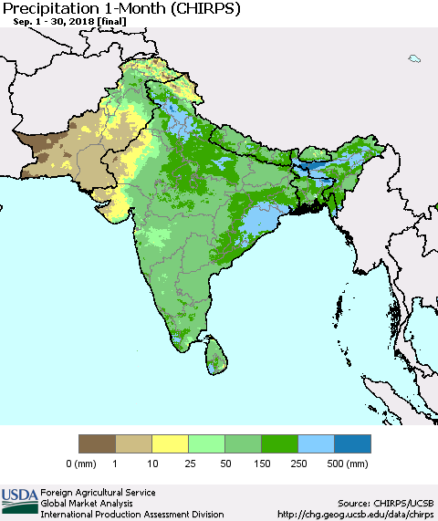 Southern Asia Precipitation 1-Month (CHIRPS) Thematic Map For 9/1/2018 - 9/30/2018