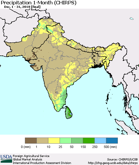 Southern Asia Precipitation 1-Month (CHIRPS) Thematic Map For 12/1/2018 - 12/31/2018