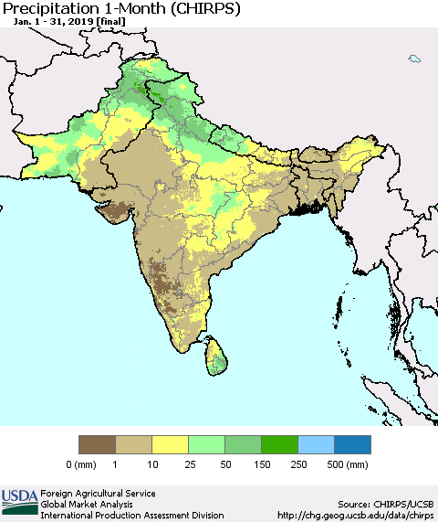 Southern Asia Precipitation 1-Month (CHIRPS) Thematic Map For 1/1/2019 - 1/31/2019