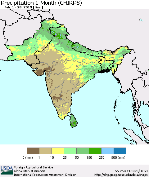 Southern Asia Precipitation 1-Month (CHIRPS) Thematic Map For 2/1/2019 - 2/28/2019