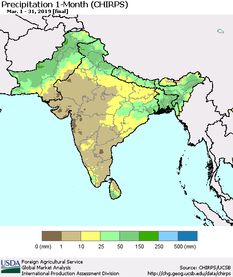 Southern Asia Precipitation 1-Month (CHIRPS) Thematic Map For 3/1/2019 - 3/31/2019