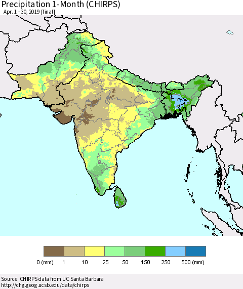 Southern Asia Precipitation 1-Month (CHIRPS) Thematic Map For 4/1/2019 - 4/30/2019