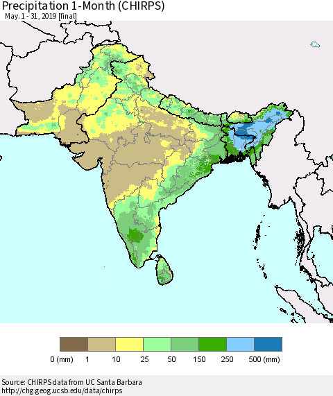 Southern Asia Precipitation 1-Month (CHIRPS) Thematic Map For 5/1/2019 - 5/31/2019