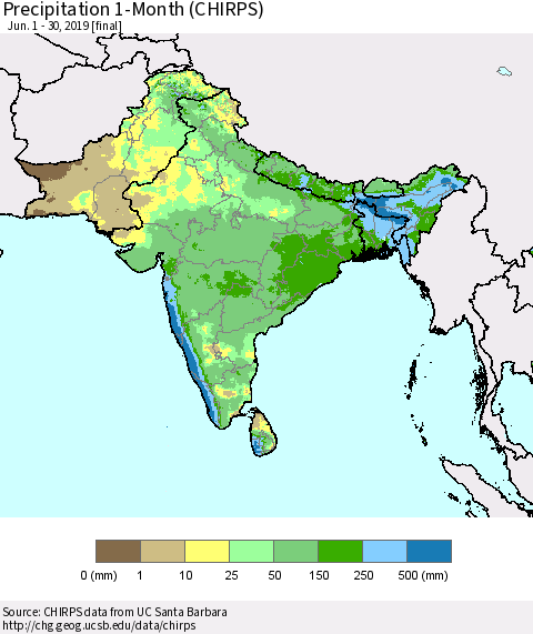 Southern Asia Precipitation 1-Month (CHIRPS) Thematic Map For 6/1/2019 - 6/30/2019