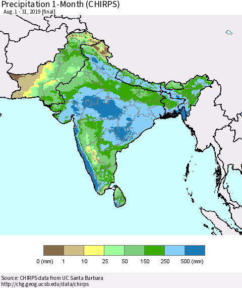 Southern Asia Precipitation 1-Month (CHIRPS) Thematic Map For 8/1/2019 - 8/31/2019