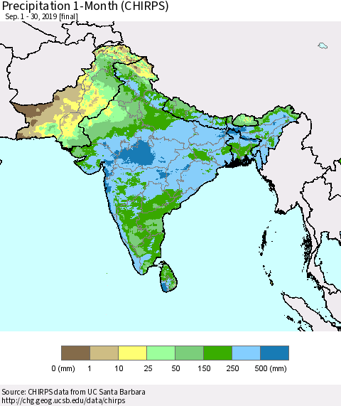 Southern Asia Precipitation 1-Month (CHIRPS) Thematic Map For 9/1/2019 - 9/30/2019