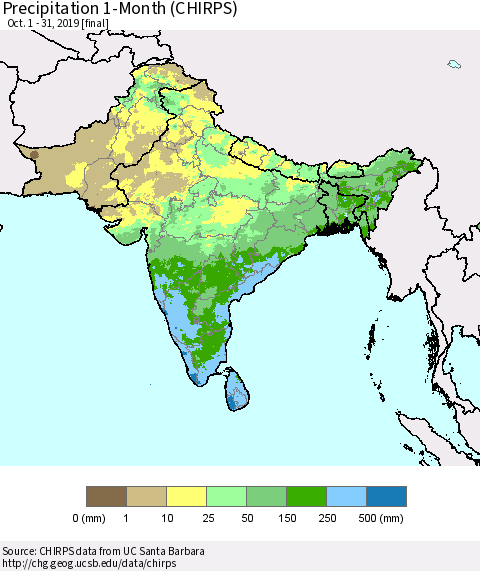 Southern Asia Precipitation 1-Month (CHIRPS) Thematic Map For 10/1/2019 - 10/31/2019