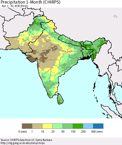 Southern Asia Precipitation 1-Month (CHIRPS) Thematic Map For 4/1/2020 - 4/30/2020