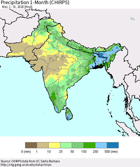Southern Asia Precipitation 1-Month (CHIRPS) Thematic Map For 5/1/2020 - 5/31/2020