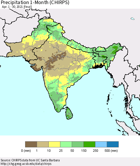 Southern Asia Precipitation 1-Month (CHIRPS) Thematic Map For 4/1/2021 - 4/30/2021