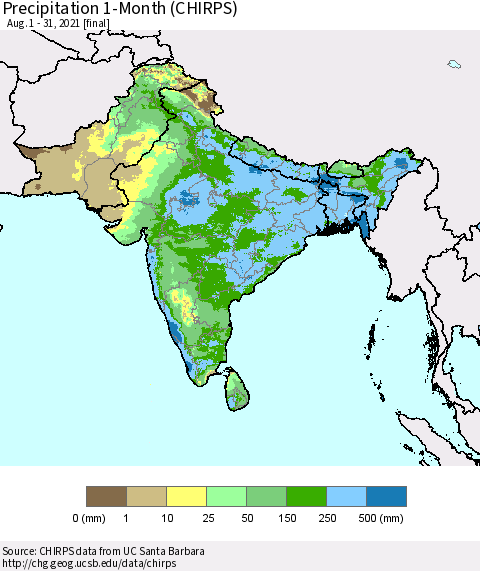Southern Asia Precipitation 1-Month (CHIRPS) Thematic Map For 8/1/2021 - 8/31/2021