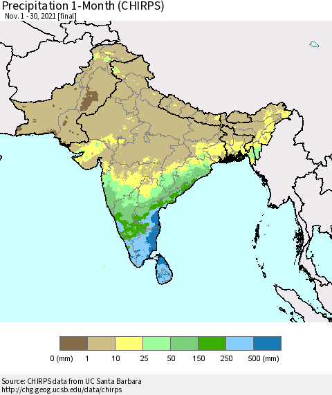 Southern Asia Precipitation 1-Month (CHIRPS) Thematic Map For 11/1/2021 - 11/30/2021