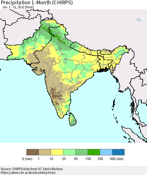 Southern Asia Precipitation 1-Month (CHIRPS) Thematic Map For 1/1/2022 - 1/31/2022
