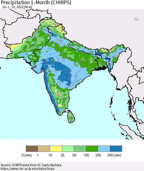 Southern Asia Precipitation 1-Month (CHIRPS) Thematic Map For 7/1/2022 - 7/31/2022