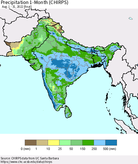 Southern Asia Precipitation 1-Month (CHIRPS) Thematic Map For 8/1/2022 - 8/31/2022