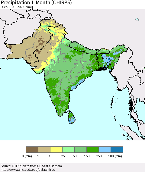 Southern Asia Precipitation 1-Month (CHIRPS) Thematic Map For 10/1/2022 - 10/31/2022