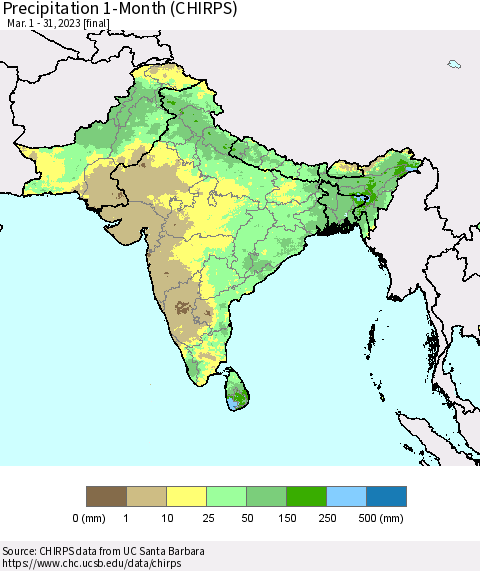 Southern Asia Precipitation 1-Month (CHIRPS) Thematic Map For 3/1/2023 - 3/31/2023