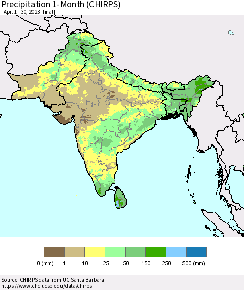 Southern Asia Precipitation 1-Month (CHIRPS) Thematic Map For 4/1/2023 - 4/30/2023