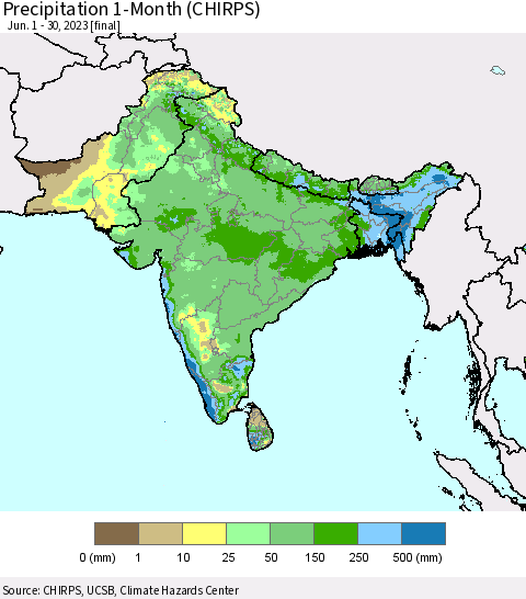 Southern Asia Precipitation 1-Month (CHIRPS) Thematic Map For 6/1/2023 - 6/30/2023
