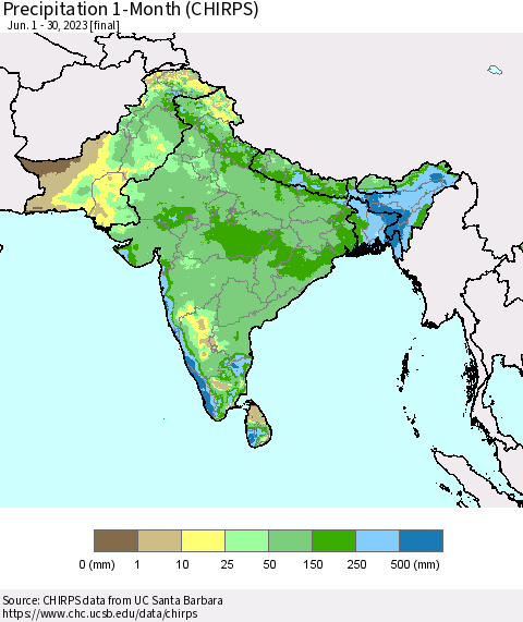 Southern Asia Precipitation 1-Month (CHIRPS) Thematic Map For 6/1/2023 - 6/30/2023